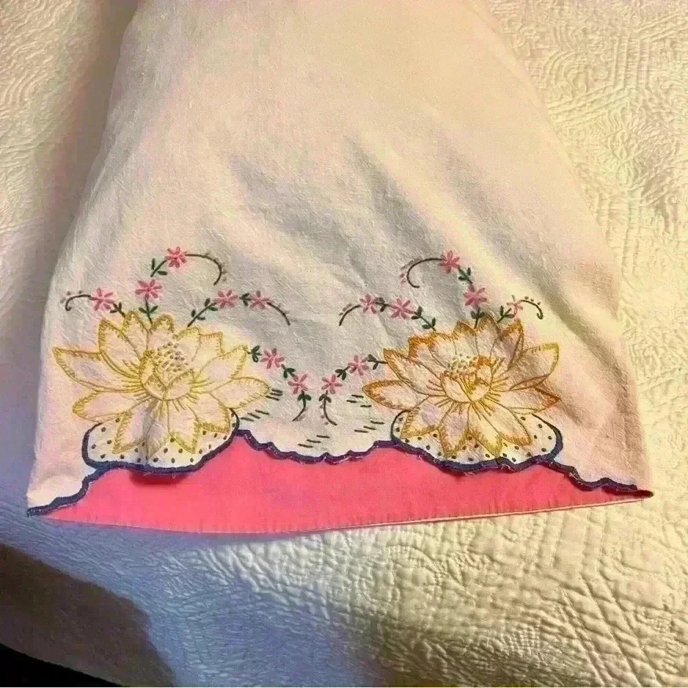 Set of 2 vintage handmade embroidered flour sack pillowcases lotus flower